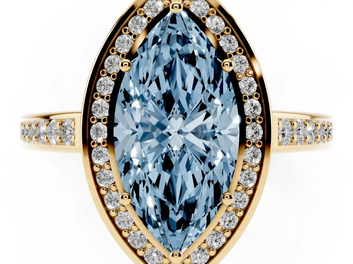 Fancy Blue Marquise Cut Cut Halo Pave Split Shank Prong Setting Ring Yellow gold