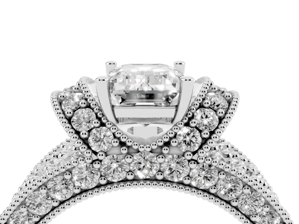 Emerald Cut Halo Pave Diamond Engagement Ring with Milgrain Detailing Platinum