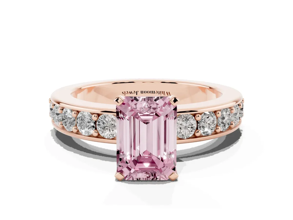 Fancy Pink Emerald Cut Diamond Engagement Ring with Channel Set Round Band and Prong Setting Rose gold