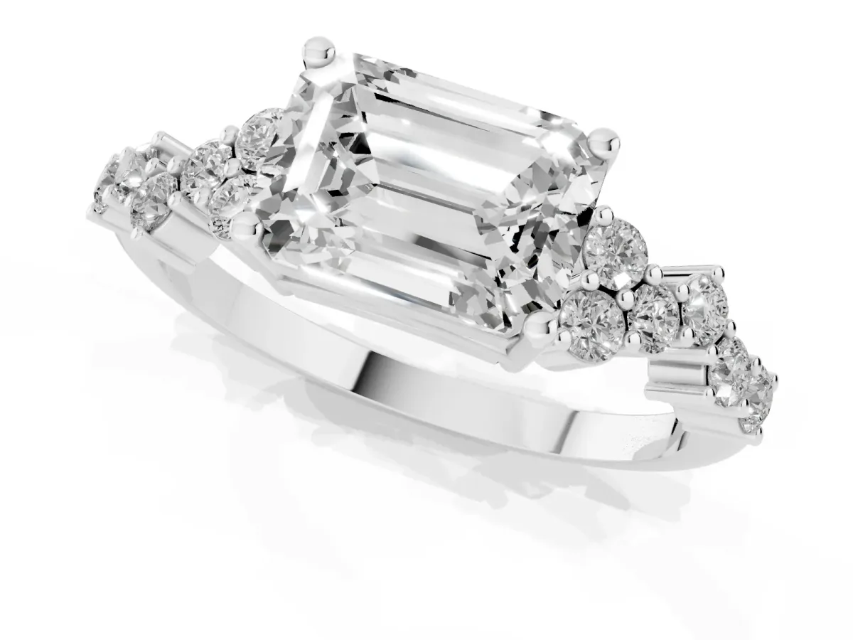 Emerald Cut Diamond Scattered Round Accent Ring with Prong Setting White gold