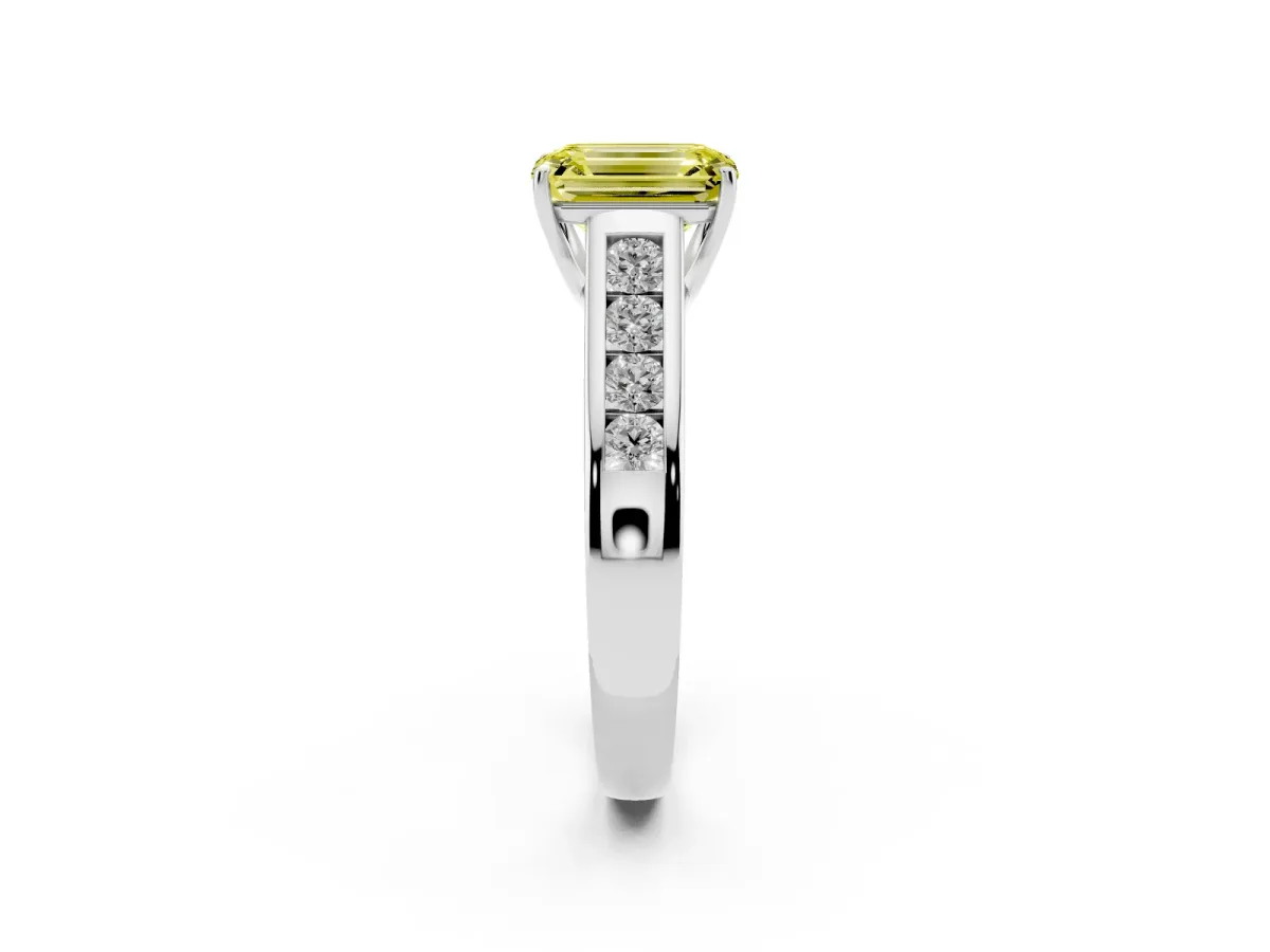 Fancy Yellow Emerald Cut Solitaire Channel-Set Diamond Engagement Ring with Four-Prong Setting Silver