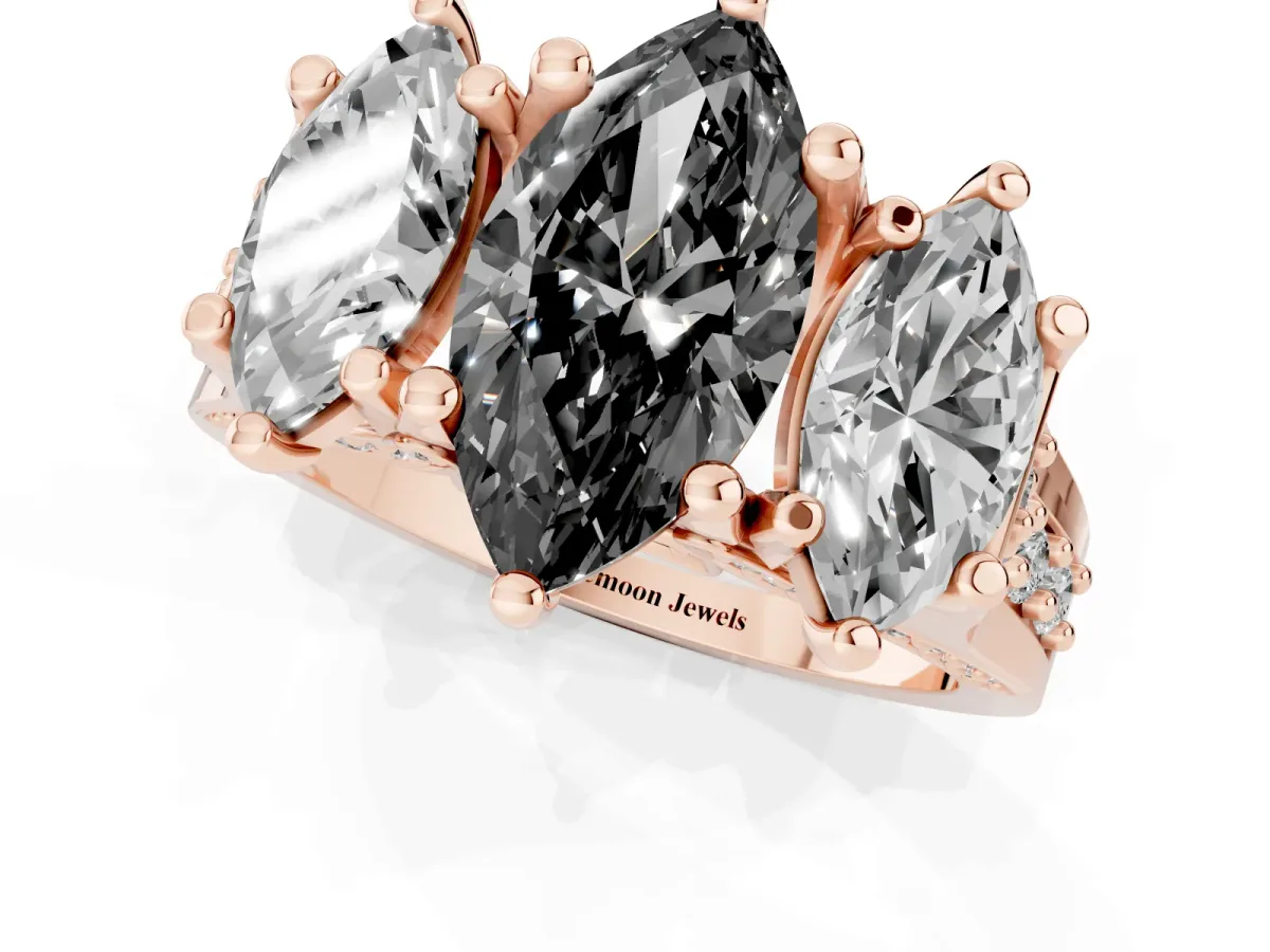 Fancy Black Marquise Cut Diamond Three-Stone Ring with Channel Set Band and Four-Prong Setting Rose gold