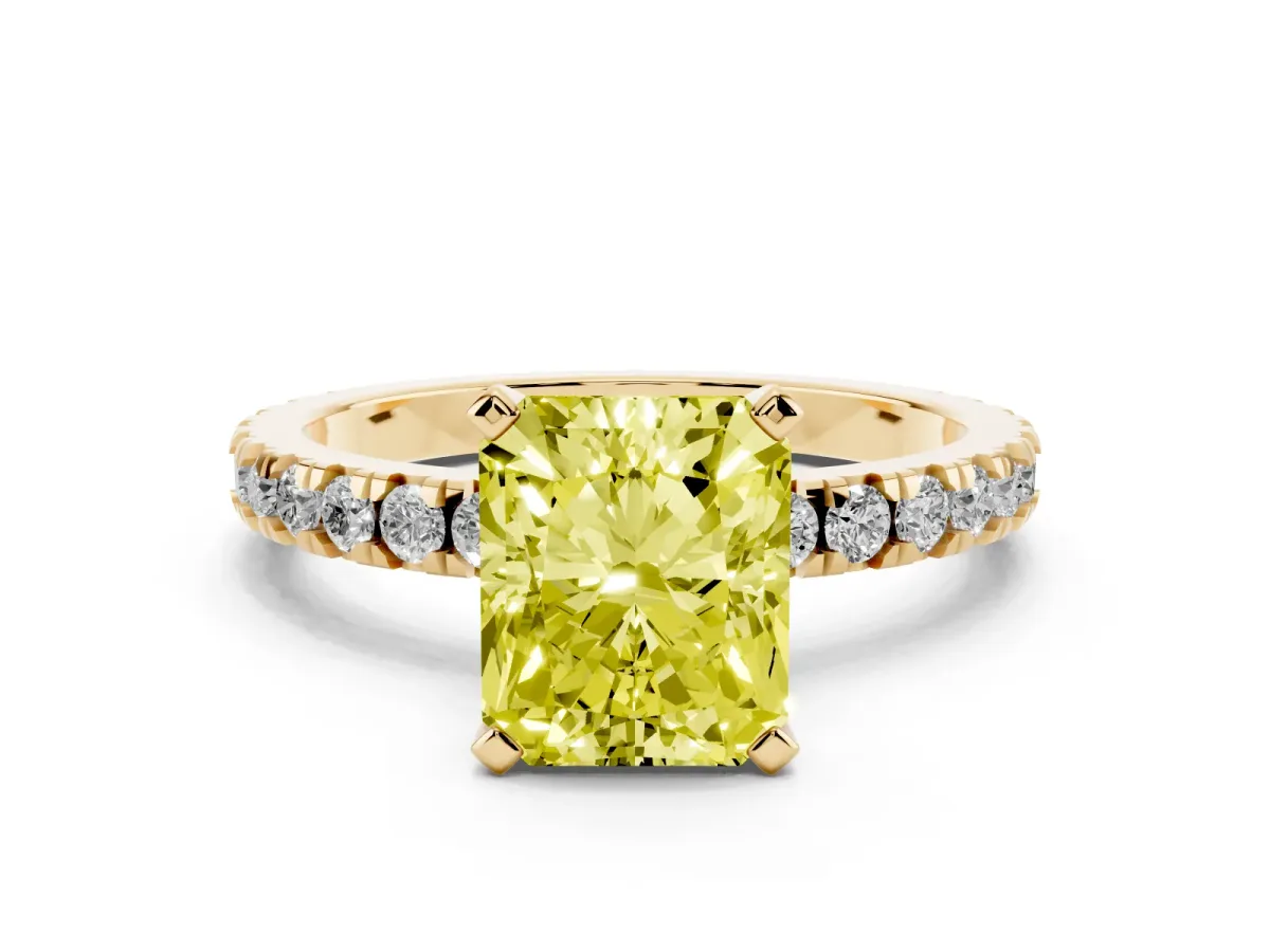 Fancy Yellow Radiant Cut Diamond Pavé Band Solitaire with Four-Prong Setting Yellow gold