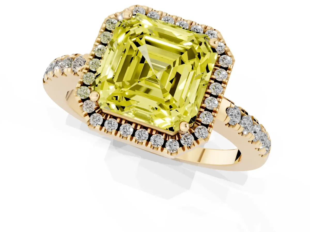Fancy Yellow Asscher Cut Halo Diamond Engagement Ring with Pavé Band and Four-Prong Setting Yellow gold