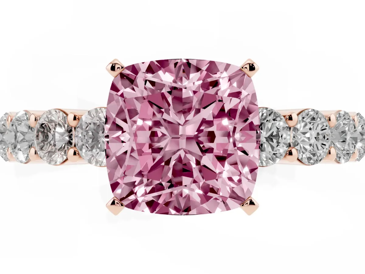 Fancy Pink Cushion Cut Diamond Solitaire Ring with Shared Prong Round Side Stones Rose gold