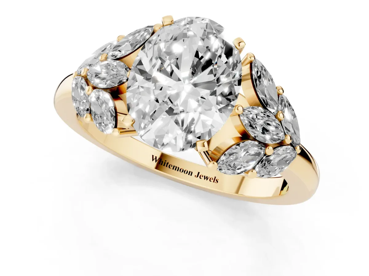 Oval Cut Diamond Cluster Leaf Design Ring with Prong Setting Yellow gold