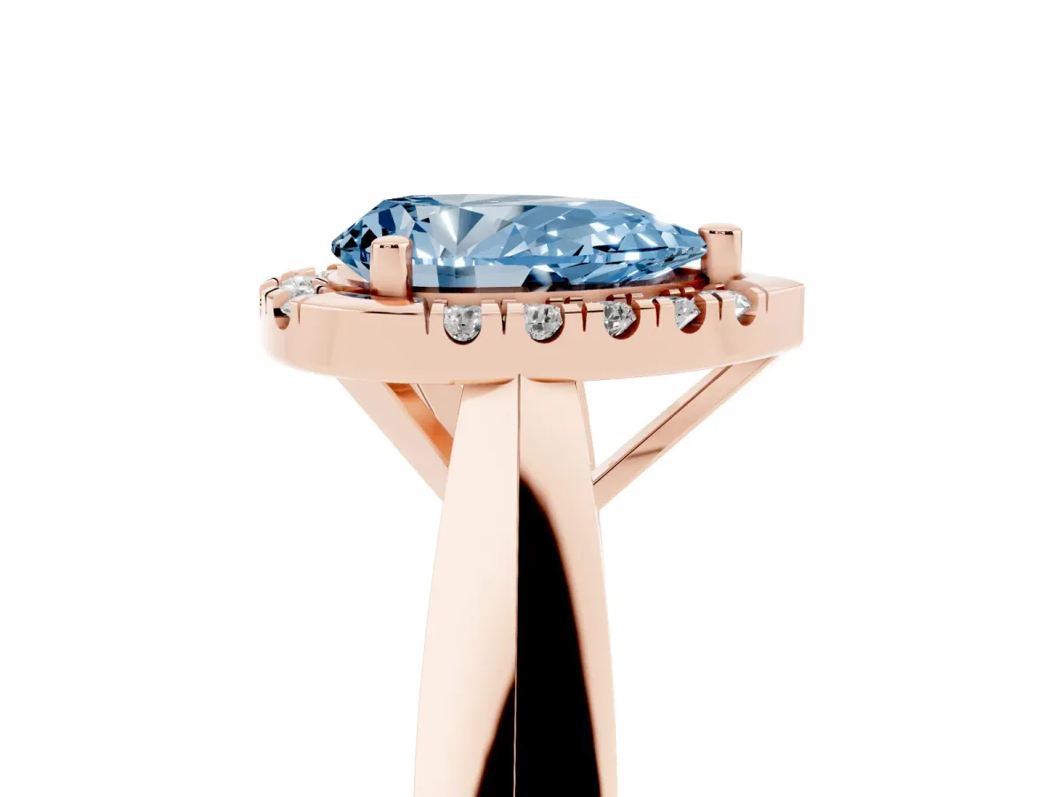 Fancy Blue Pear Cut Cut Halo Solitaire Engagement Ring with Square Band and Four-Prong Setting Rose gold