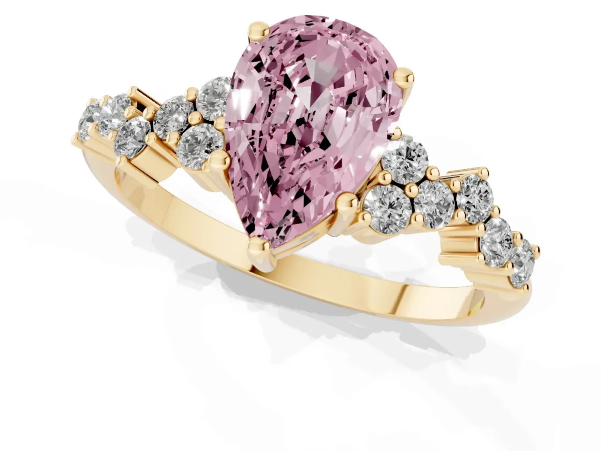 Fancy Pink Pear Cut Diamond Scattered Round Accent Ring with Prong Setting Yellow gold