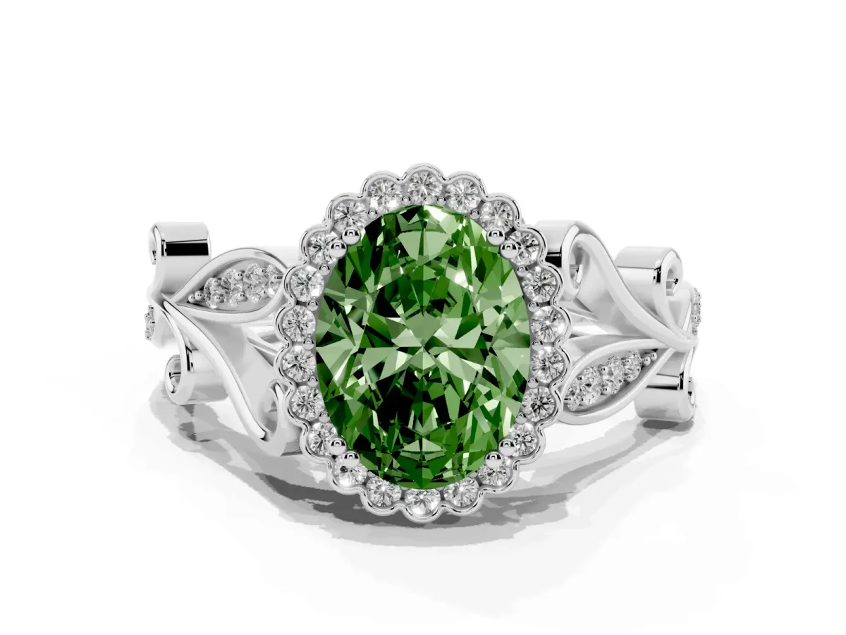Fancy Green Oval Cut Diamond Halo Ring with Vintage Split Shank and Four-Prong Setting Silver