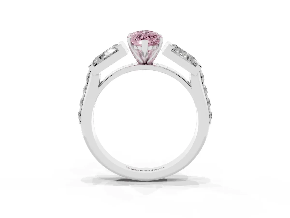 Fancy Pink Marquise Cut Diamond Engagement Ring with Baguette Side Stones and Channel Set Band Silver