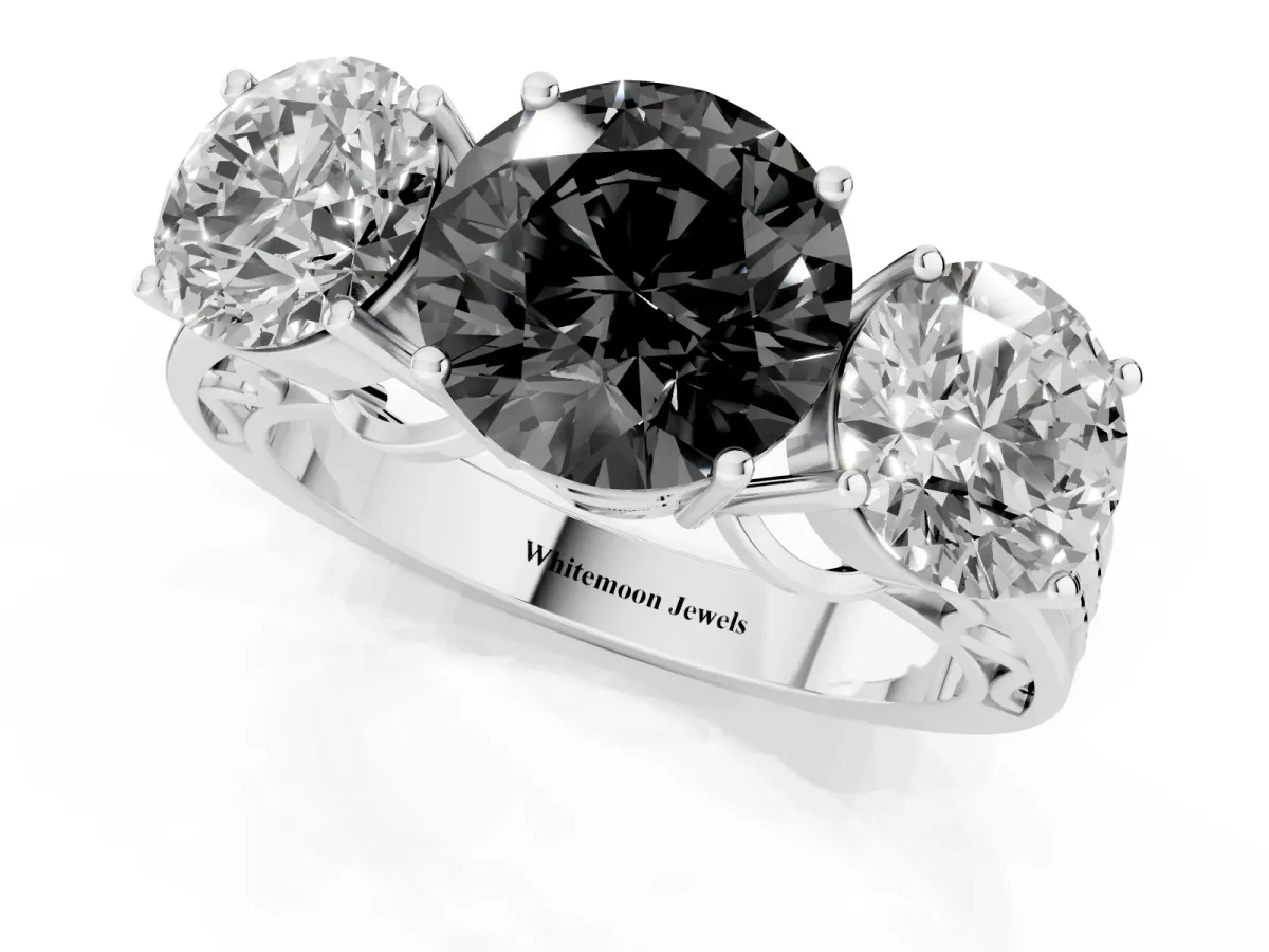 Fancy Black Round Cut Diamond Three-Stone Ring with Prong Setting and Textured Band Silver