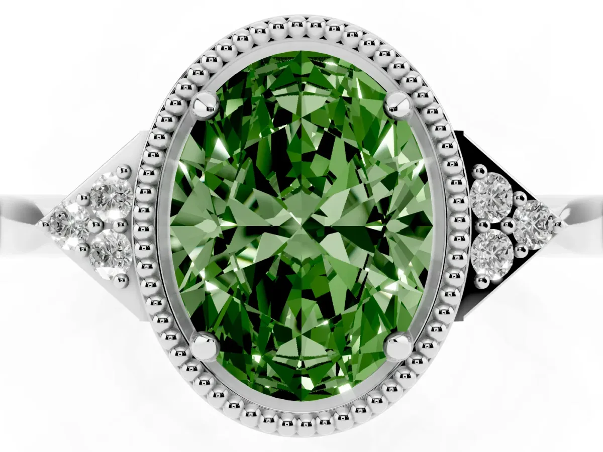 Fancy Green Hexagonal Halo Oval Cut Diamond Solitaire with Pavé Band and Four-Prong Setting Silver