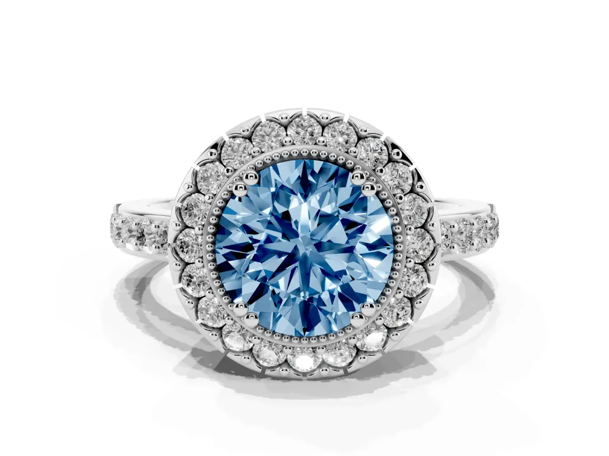 Fancy Blue Round Cut Diamond Halo Ring with Pavé Band and Prong Setting White gold