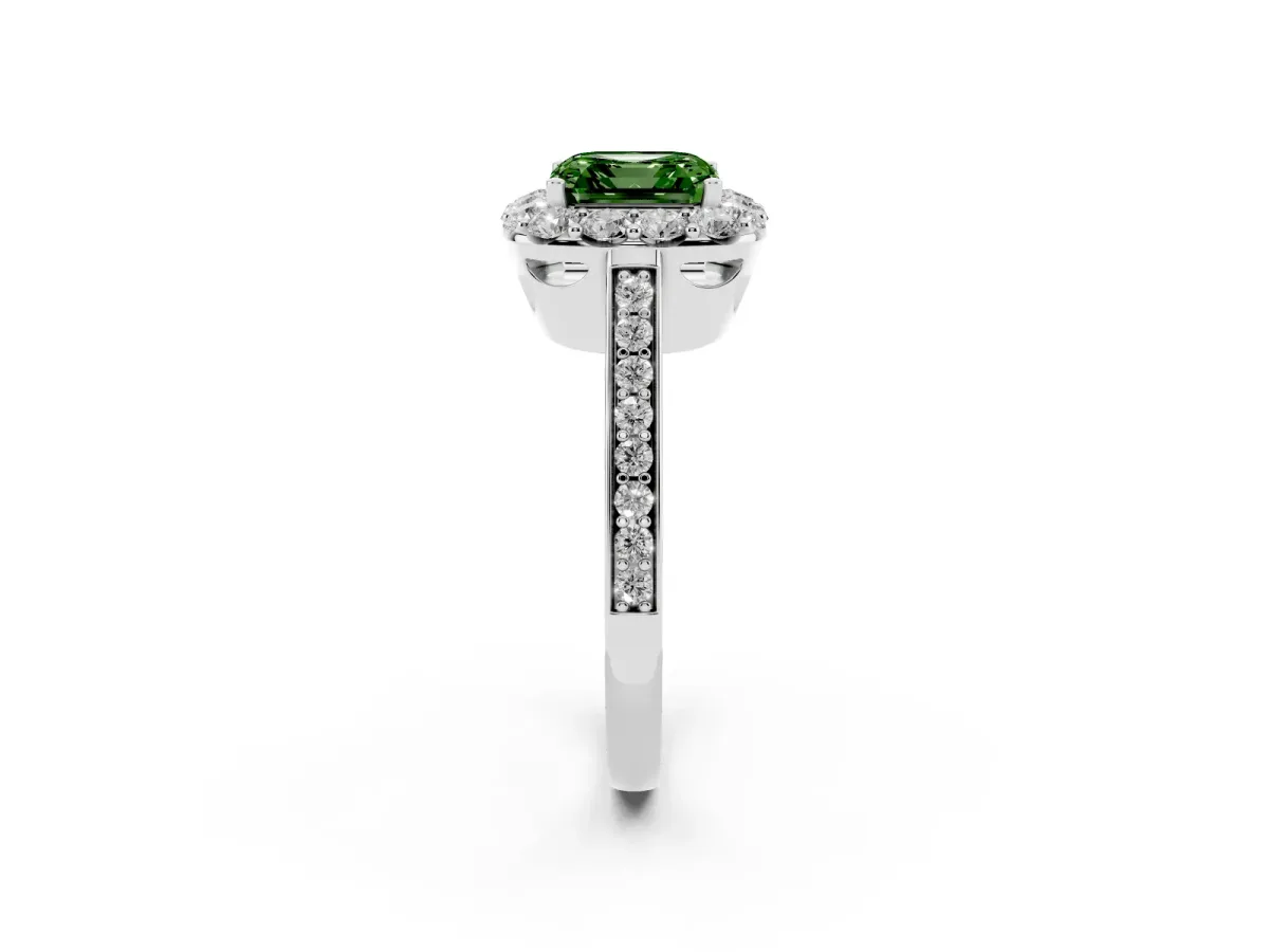 Fancy Green Asscher Cut Diamond Floral Halo Ring with Pavé Band and Prong Setting White gold