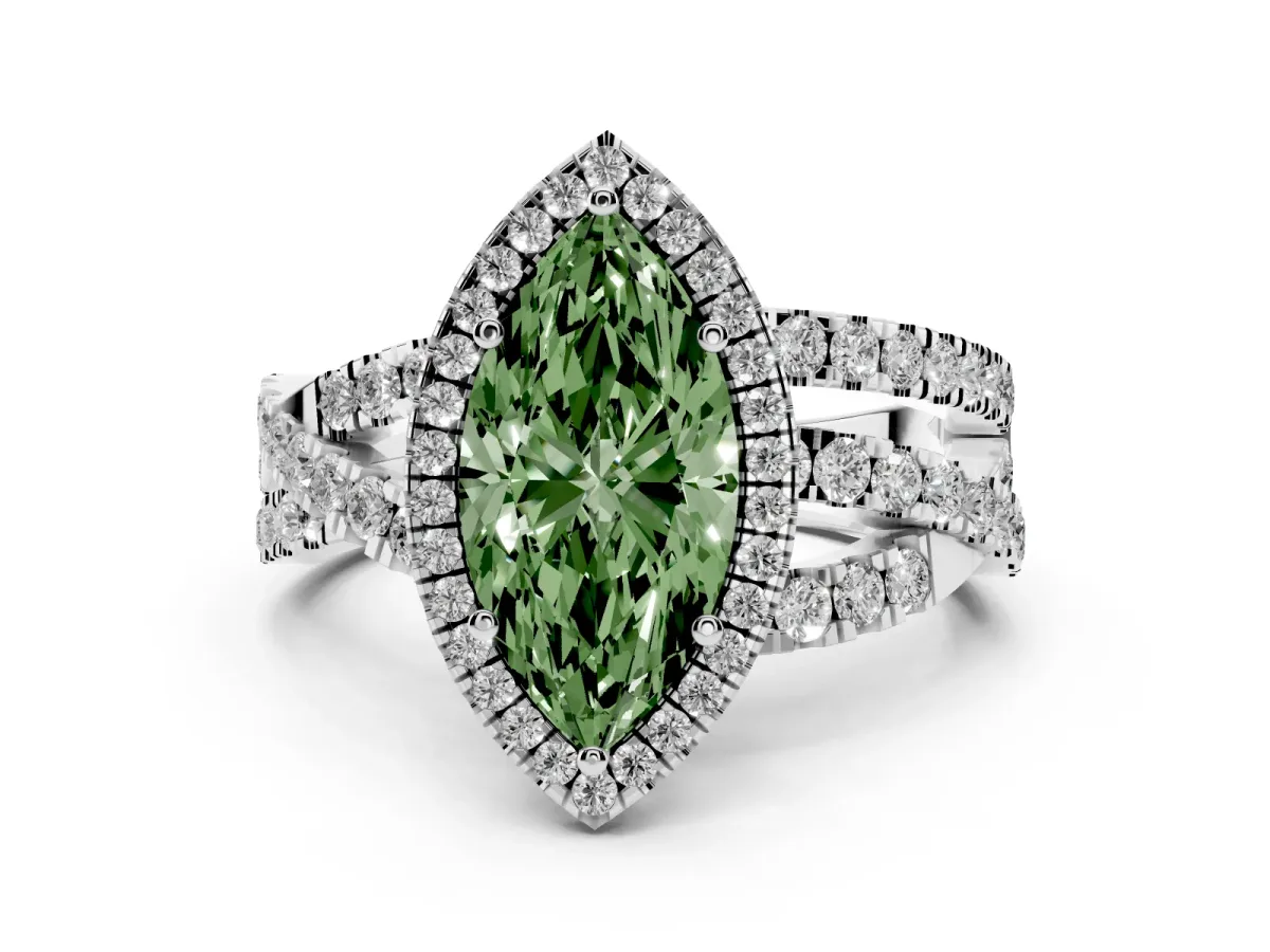 Fancy Green Marquise Cut Diamond Halo Ring with Round Split Shank and Prong Setting Silver