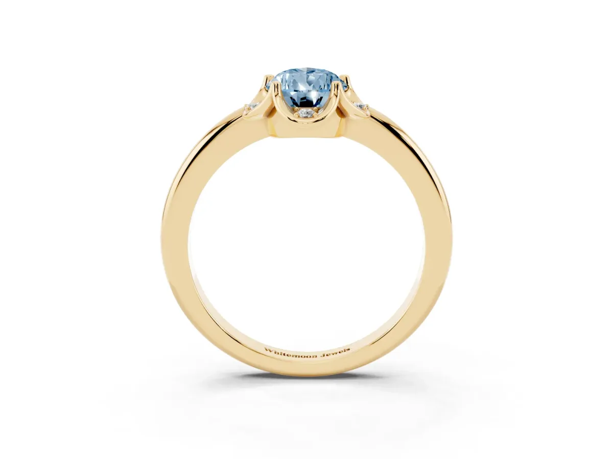 Fancy Blue Pear Cut Halo Diamond Ring with Round Cluster Setting, Solitaire Band, and Four-Prong Setting Yellow gold