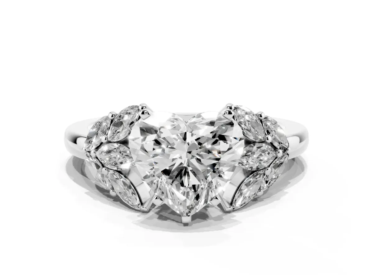 Heart Cut Diamond Cluster Leaf Design Ring with Prong Setting Silver
