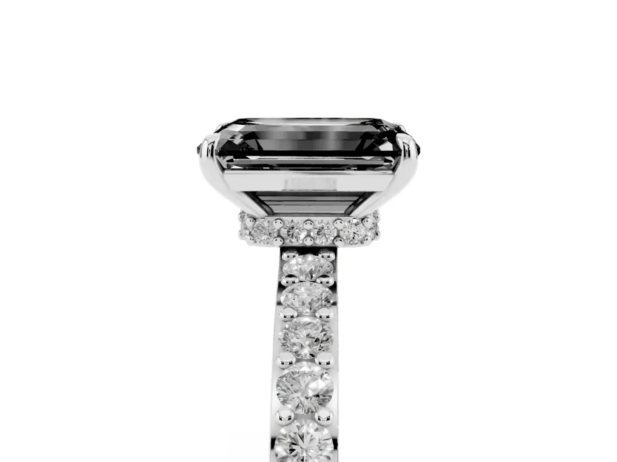 Fancy Black Emerald Cut Diamond Solitaire Engagement Ring with Pavé Band and Four-Prong Setting Platinum