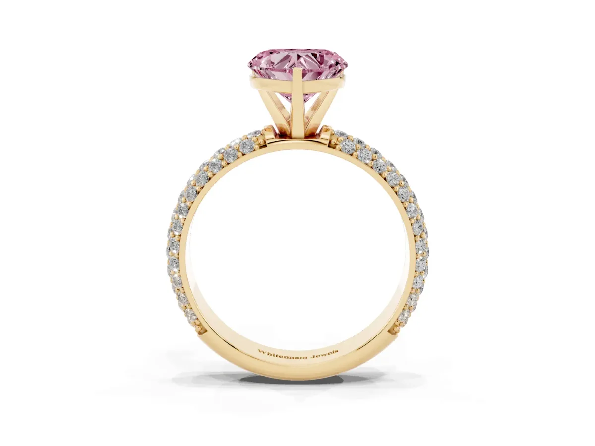 Fancy Pink Heart Cut Diamond Solitaire Ring with Prong Setting and Pavé Band Yellow gold
