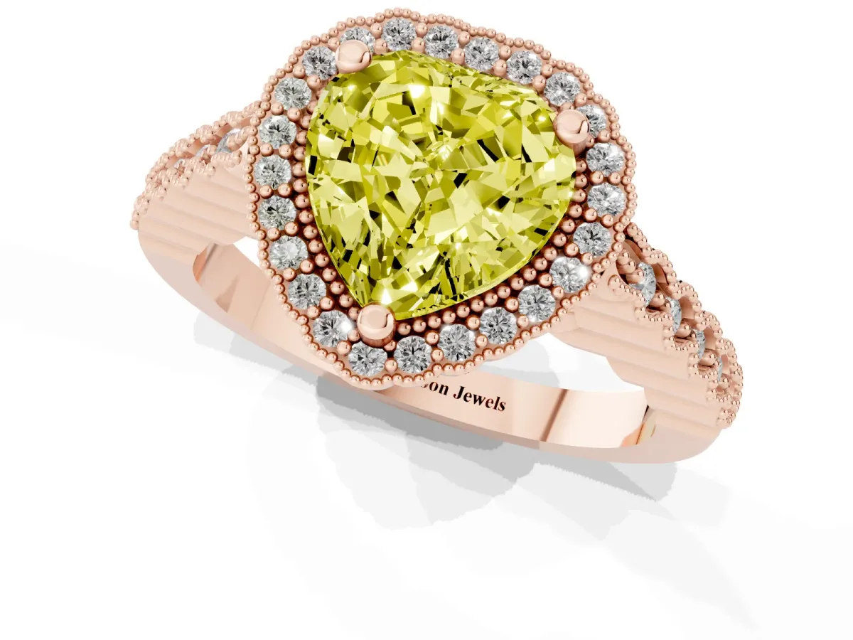 Fancy Yellow Heart Cut Cut Halo Pavé Solitaire Ring with Milgrain Band Rose gold