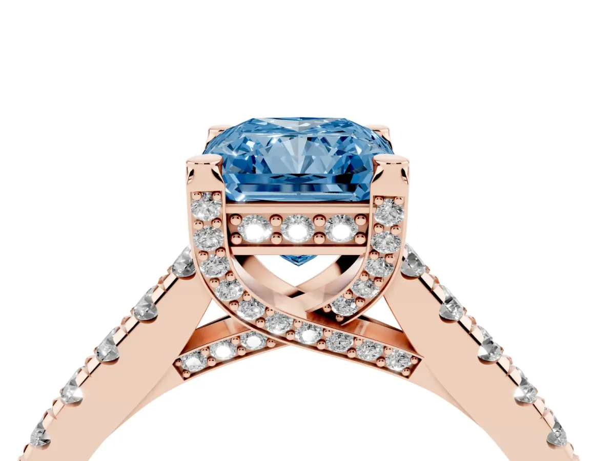 Fancy Blue Radiant Cut Brilliant Diamond Solitaire with Pavé Band and Four-Prong Setting Rose gold