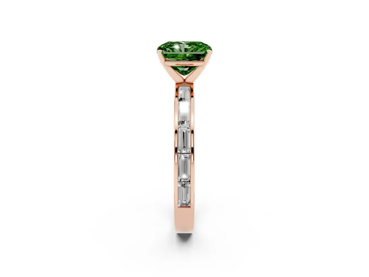 Fancy Green Radiant Cut Solitaire Diamond Ring with Channel-Set Baguette Band and Four-Prong Setting Rose gold