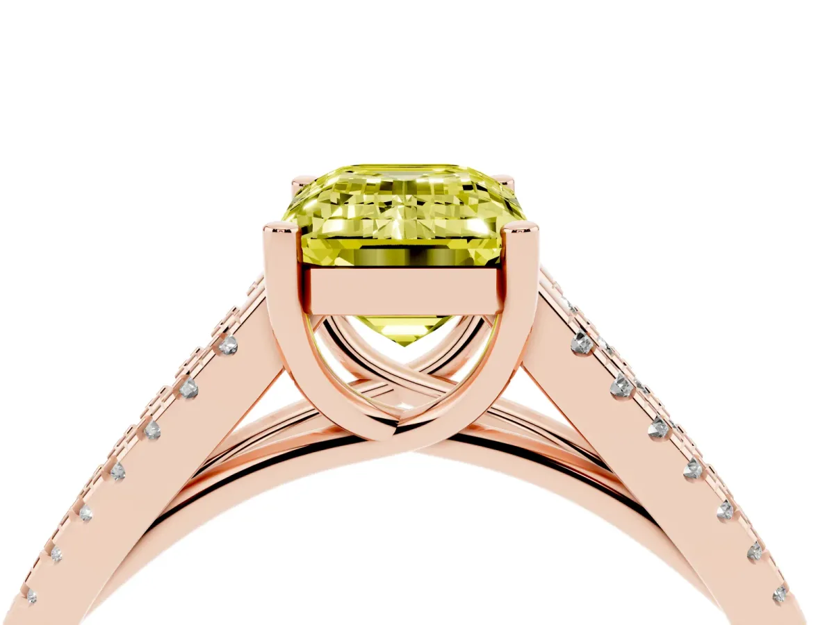 Fancy Yellow Emerald Cut Diamond Solitaire Engagement Ring with Split Shank Pavé Band Rose gold