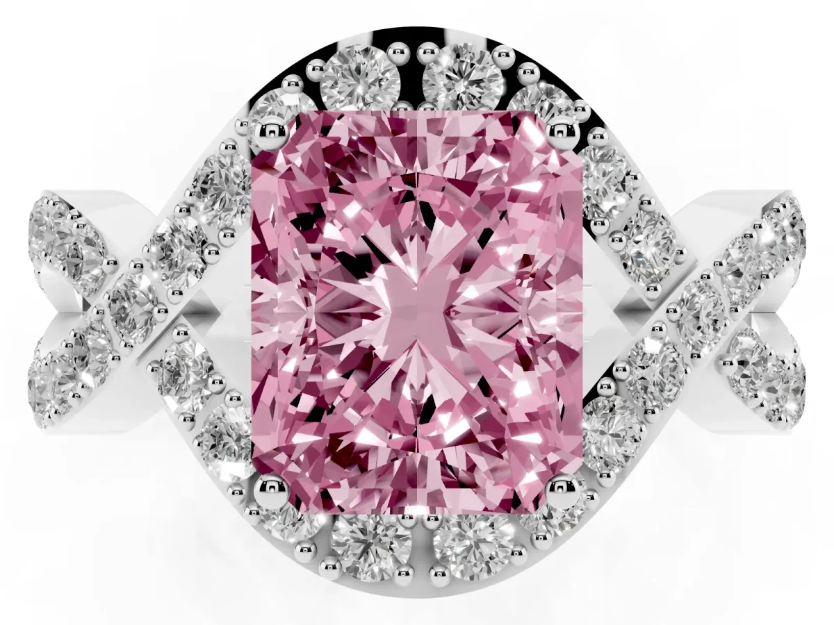 Fancy Pink Radiant Cut Solitaire Twist Band Pavé Diamond Engagement Ring Platinum