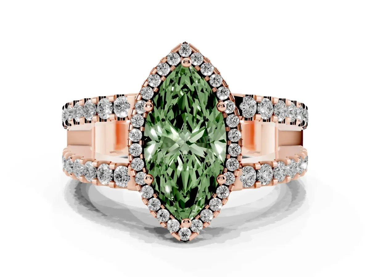 Fancy Green Marquise Cut Cut Halo Split Shank Diamond Ring with Four-Prong Setting Rose gold