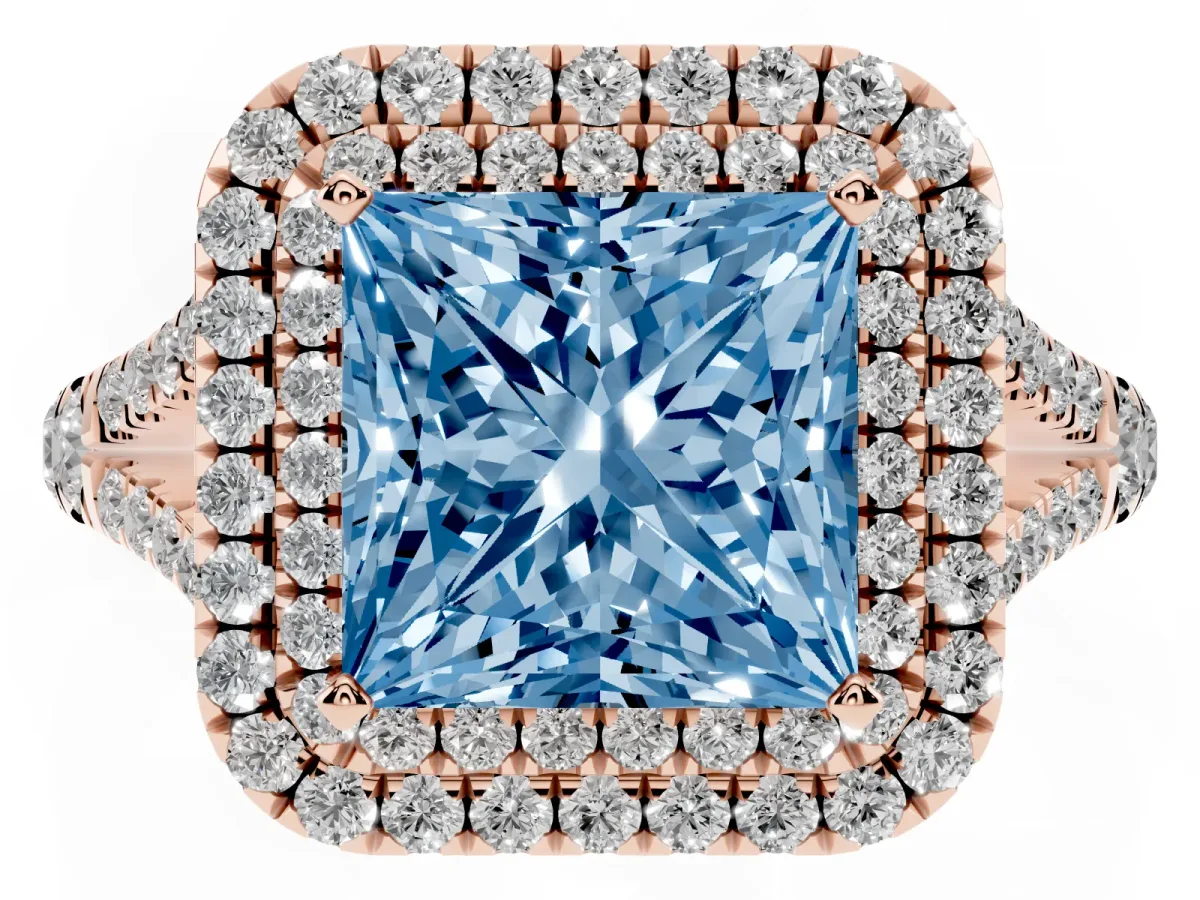 Fancy Blue Princess Cut Diamond Double Halo Ring with Split Shank and Prong Setting Rose gold