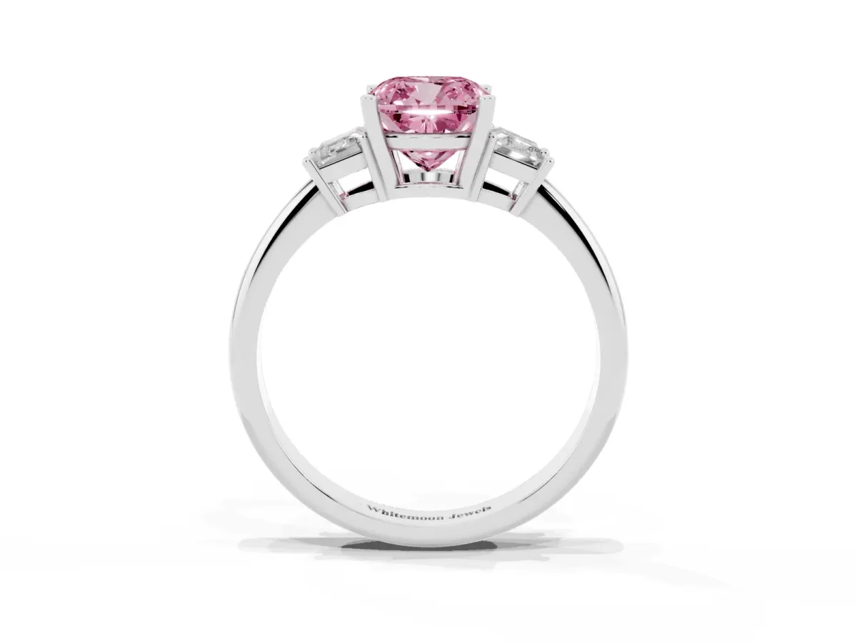Fancy Pink Cushion Cut Diamond Three-Stone Ring with Trapezoid Side Stones and Prong Setting Platinum