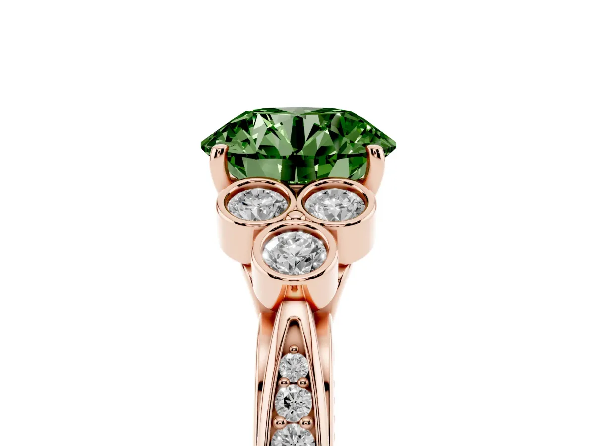 Fancy Green Round Cut Cut Diamond Engagement Ring with Bezel Set Round Side Stones and Prong Setting Rose gold