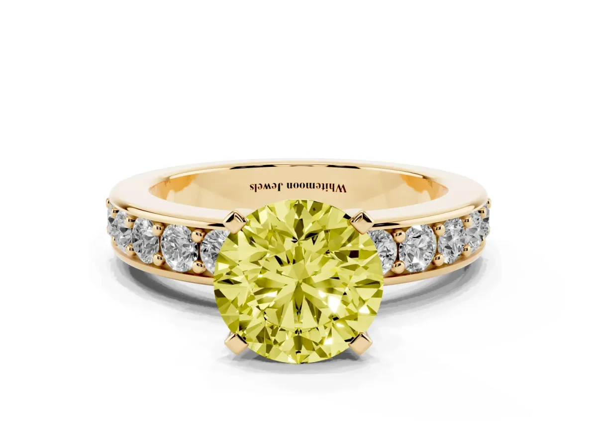 Fancy Yellow Round Cut Diamond Engagement Ring with Channel Set Round Band and Prong Setting Yellow gold