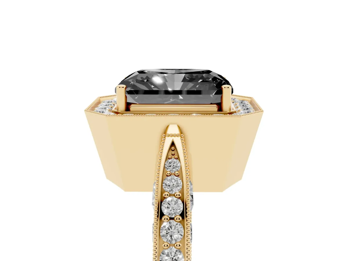 Fancy Black Radiant Cut Halo Diamond Engagement Ring with Split Shank Band and Four-Prong Setting Yellow gold