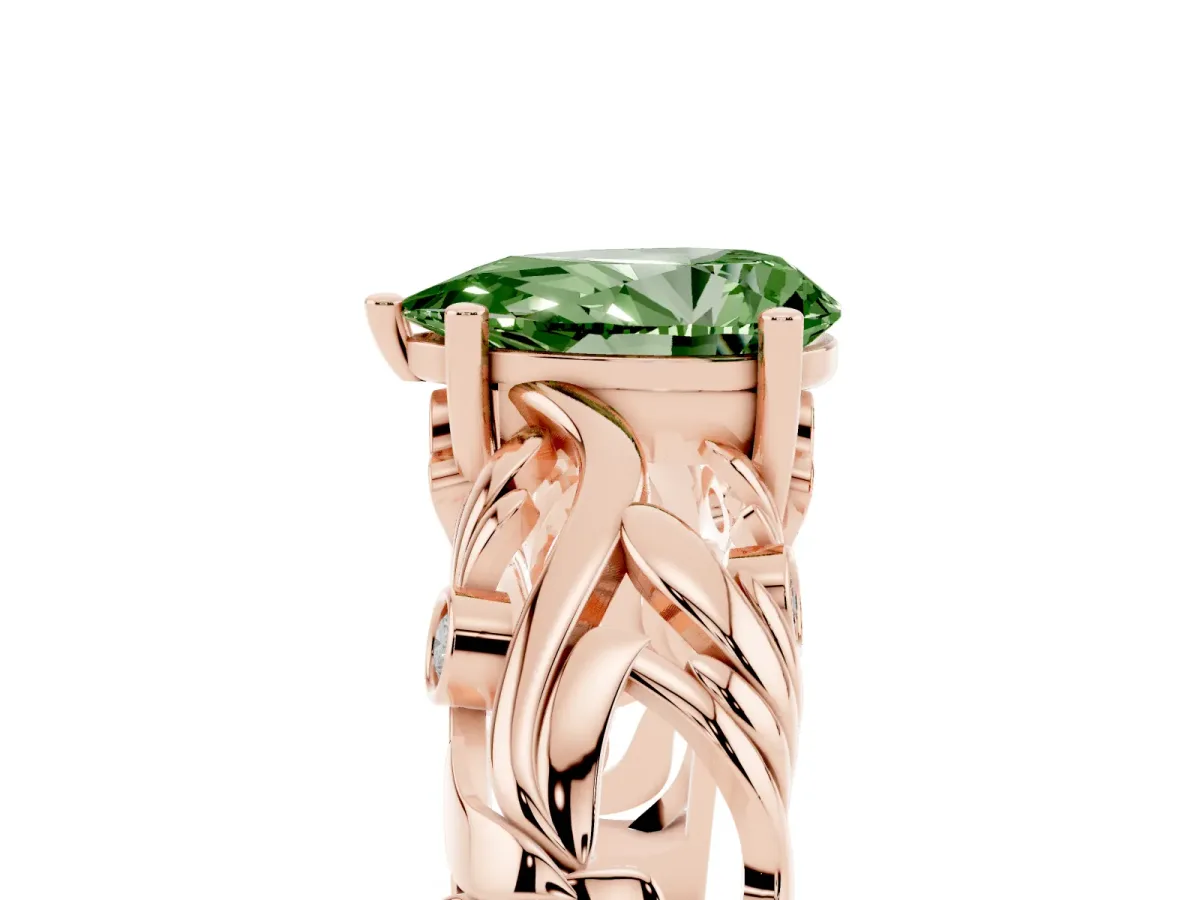 Fancy Green Pear Cut Solitaire Diamond Leaf-Inspired Vine Band Ring with Prong Setting Rose gold
