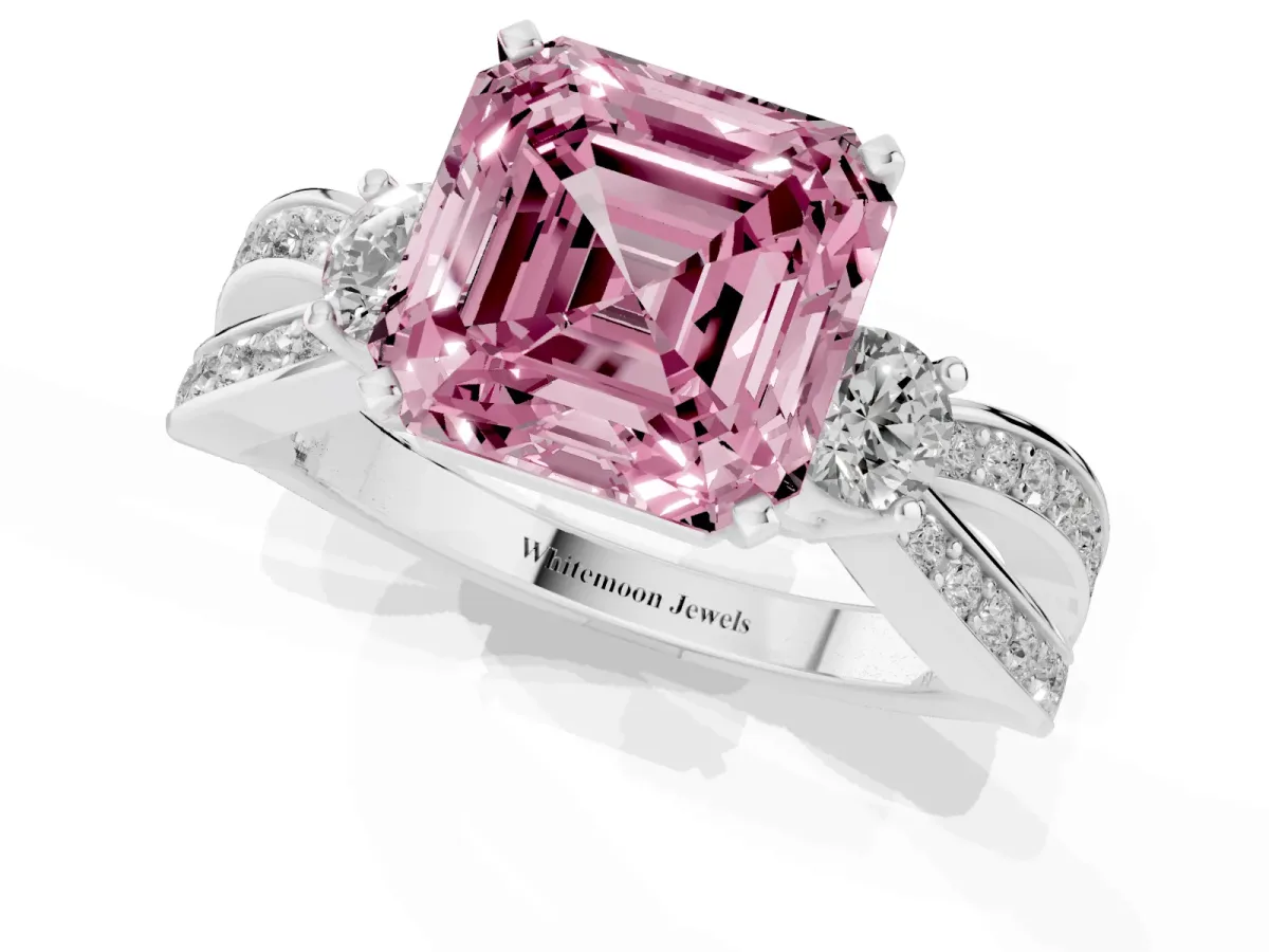 Fancy Pink Three-Stone Asscher Cut Cut Diamond Twist Band with Prong Setting Silver