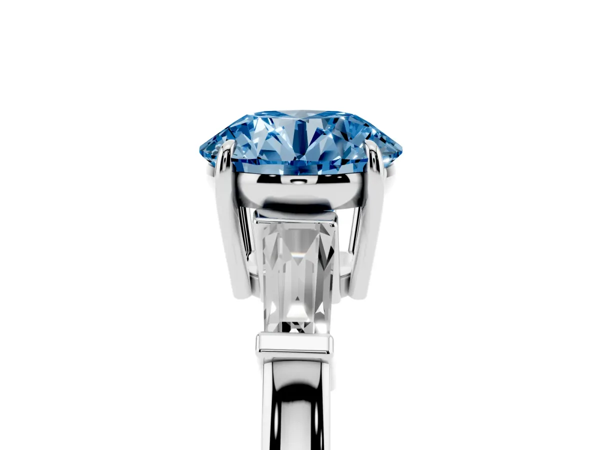 Fancy Blue Round Cut Diamond Three-Stone Ring with Tapered Baguette Side Stones and Prong Setting Silver