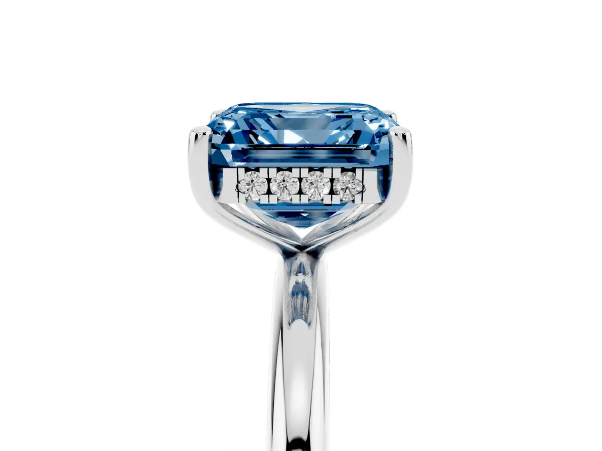 Fancy Blue Asscher Cut Cut Solitaire Engagement Ring with Four-Prong Setting and Classic Band Silver