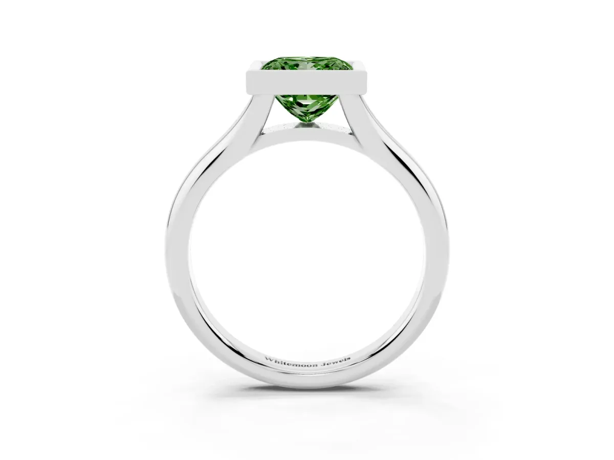 Fancy Green Bezel Set Princess Cut Solitaire Diamond Ring with Smooth Band Platinum