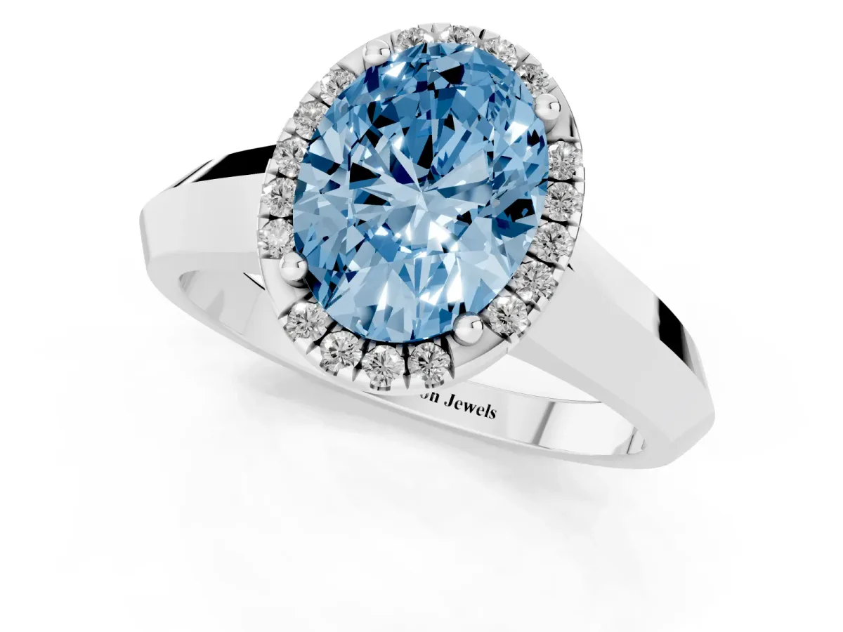 Fancy Blue Oval Cut Halo Diamond Ring with Cathedral Band and Four-Prong Setting Platinum
