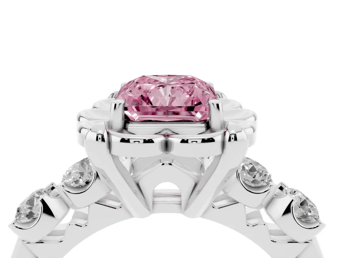 Fancy Pink Radiant Cut Cut Diamond Floral Halo Engagement Ring with Shared Prong Setting Silver