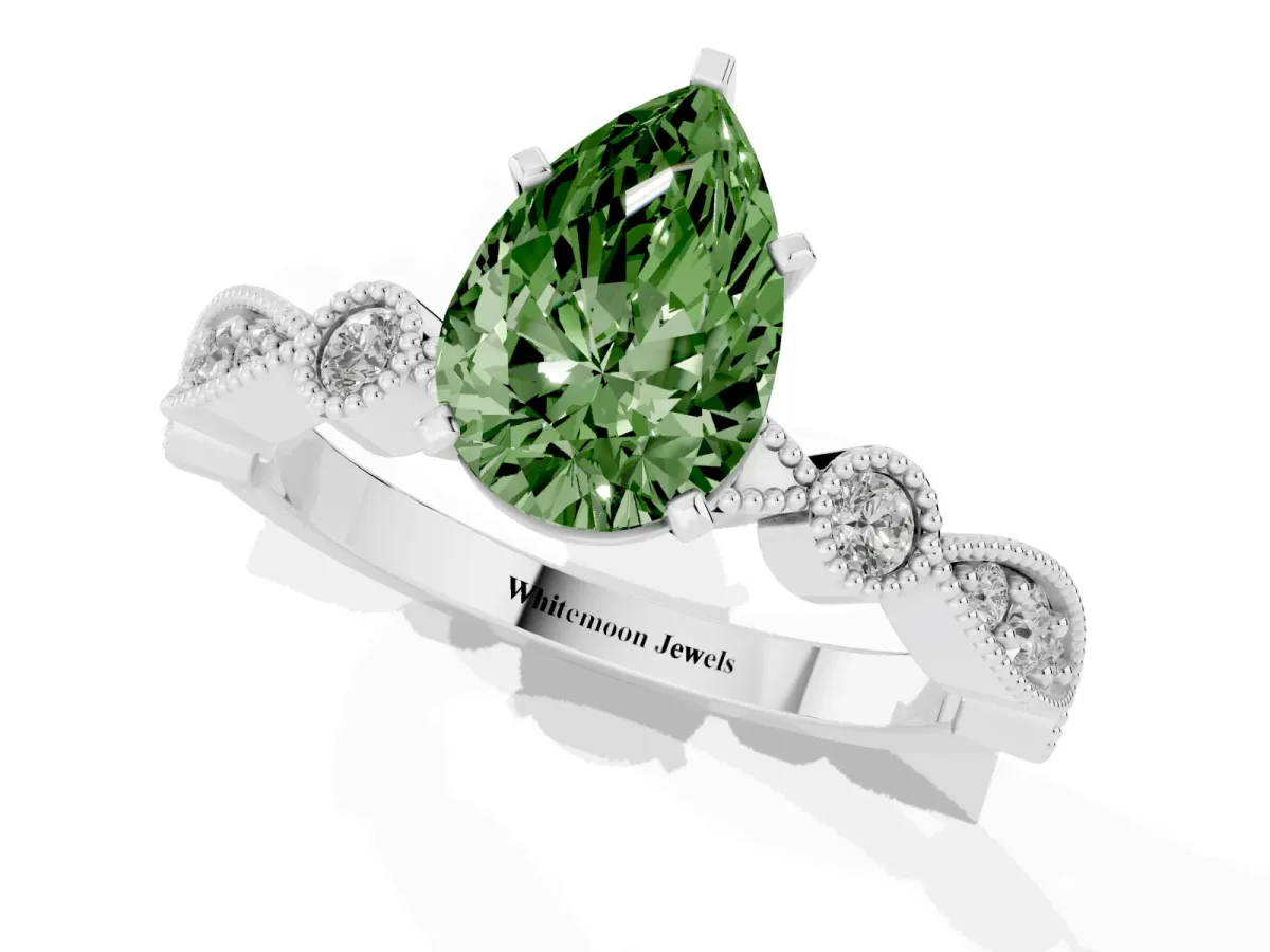 Fancy Green Pear Cut Milgrain Bezel Diamond Engagement Ring with Solitaire Prong Setting Silver