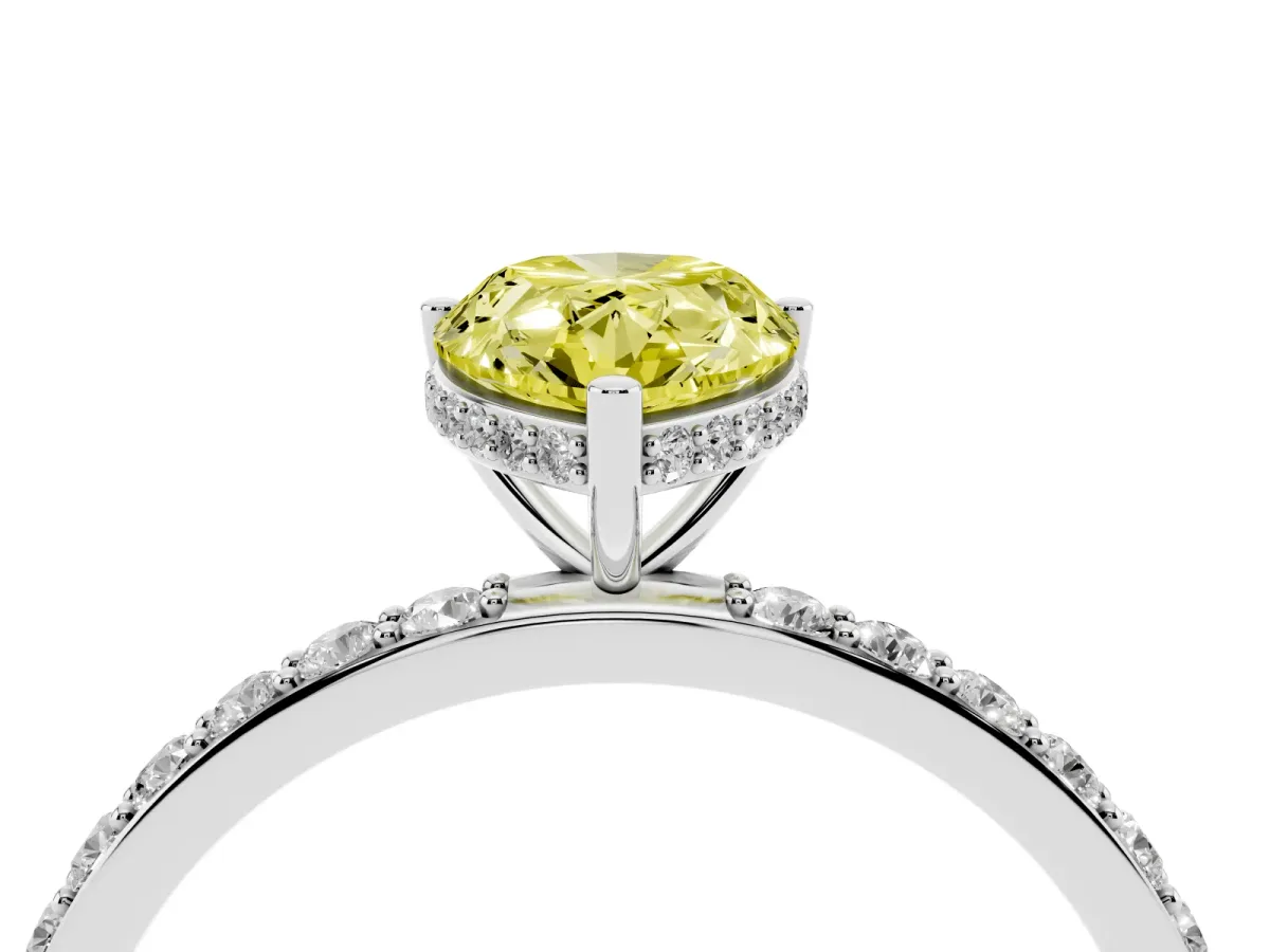 Fancy Yellow Pear Cut Diamond Solitaire Ring with Pavé Band and Hidden Halo Silver