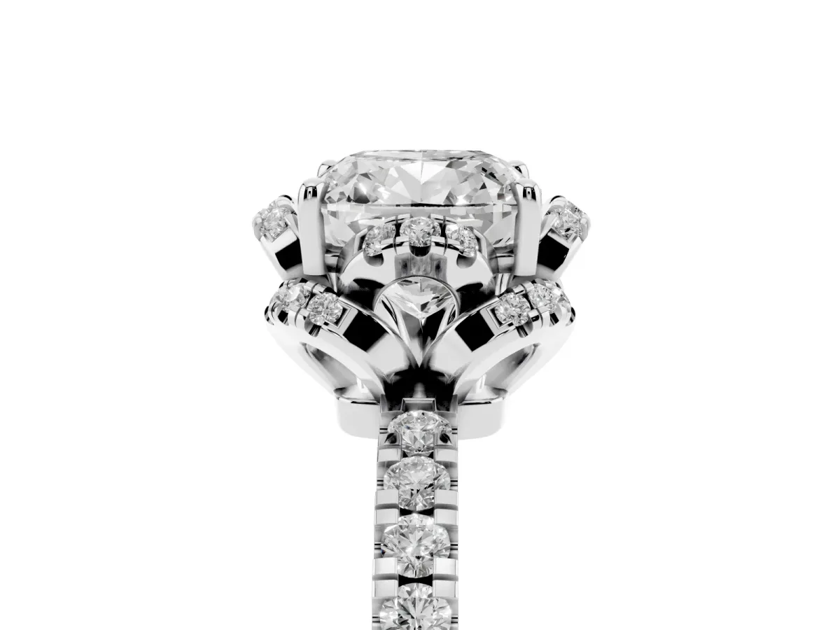 Cushion Cut Diamond Halo Pave Band with Four-Prong Setting Silver