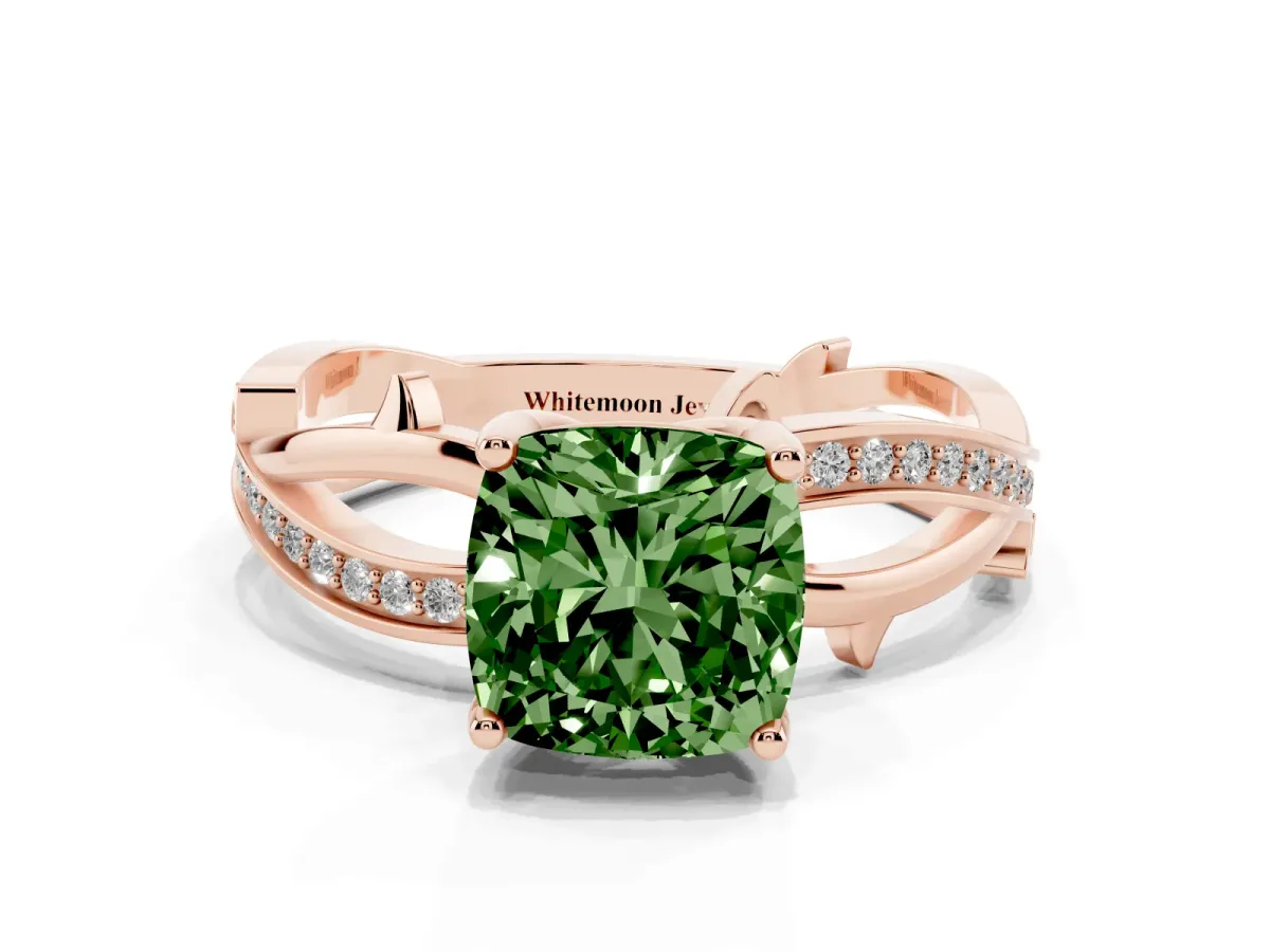 Fancy Green Cushion Cut Solitaire Twist Band with Pavé Accents and Four-Prong Setting Rose gold