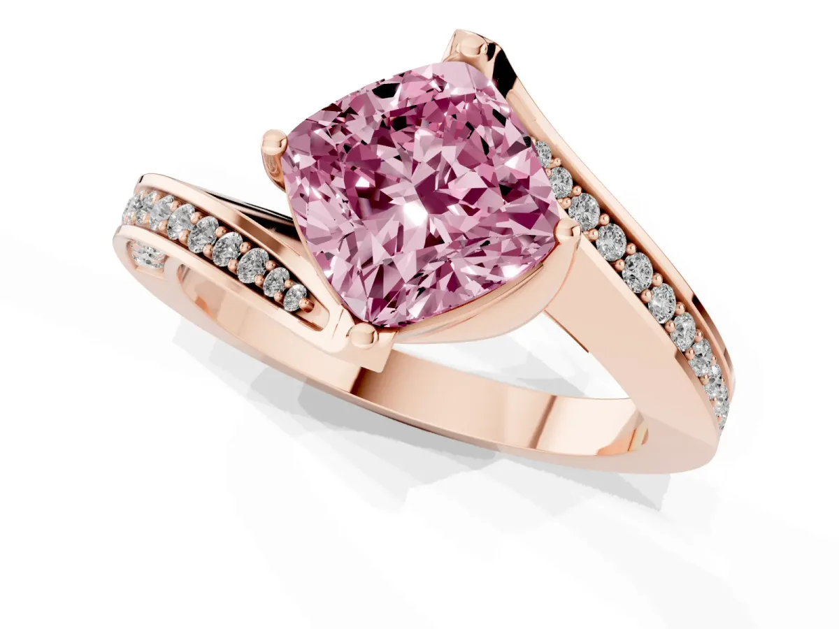 Fancy Pink Cushion Cut Solitaire Diamond Twist Band with Pavé Setting and Four-Prong Setting Rose gold