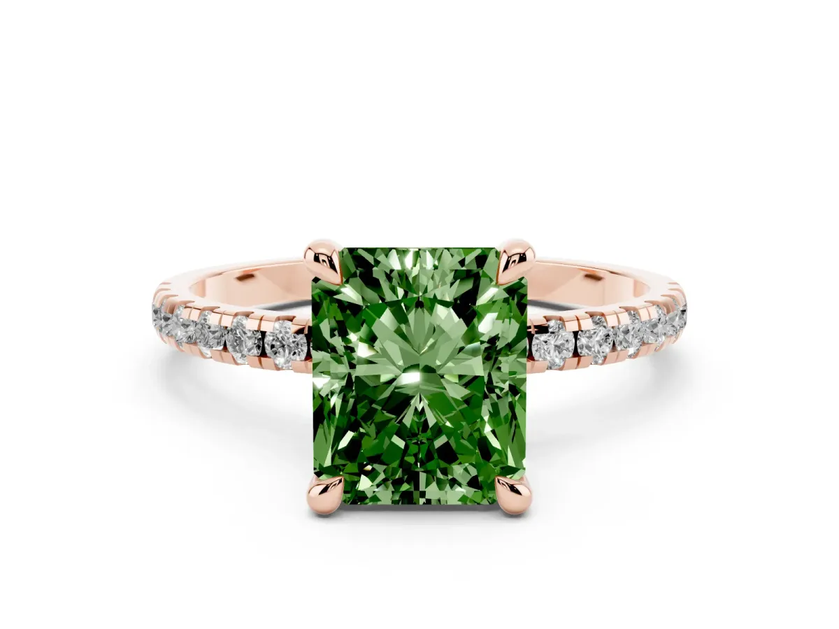 Fancy Green Radiant Cut Diamond Brilliant Solitaire Ring with Pavé Band and Four-Prong Setting Rose gold