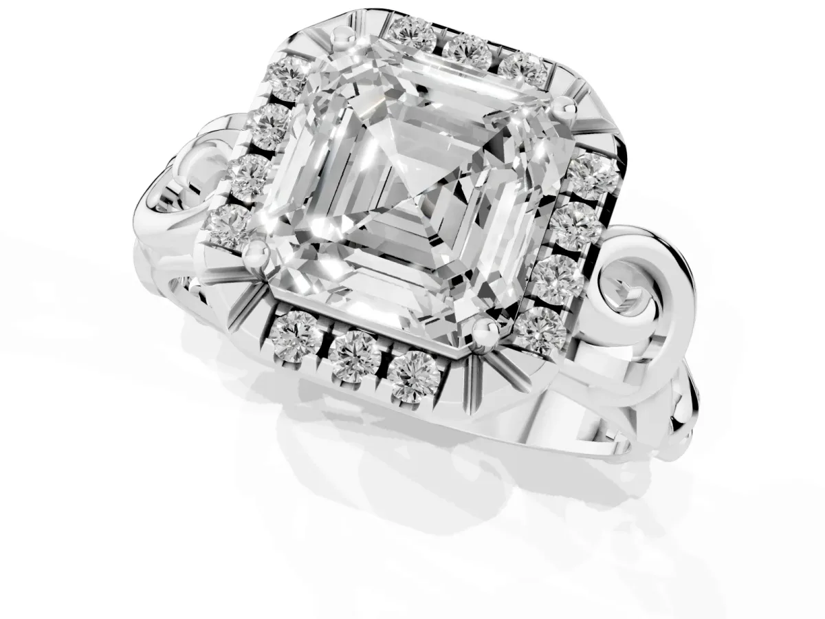 Asscher Cut Cut Halo Diamond Ring with Scrollwork Band and Four-Prong Setting Silver