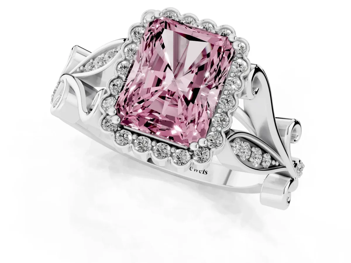 Fancy Pink Radiant Cut Diamond Halo Ring with Vintage Split Shank and Four-Prong Setting Silver