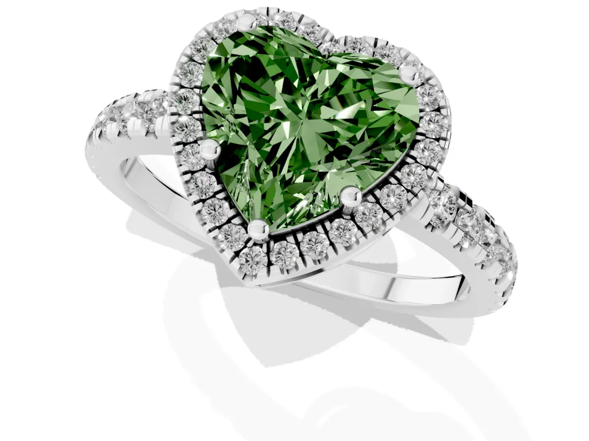 Fancy Green Heart Cut Diamond Halo Ring with Pavé Band and Four-Prong Setting Platinum